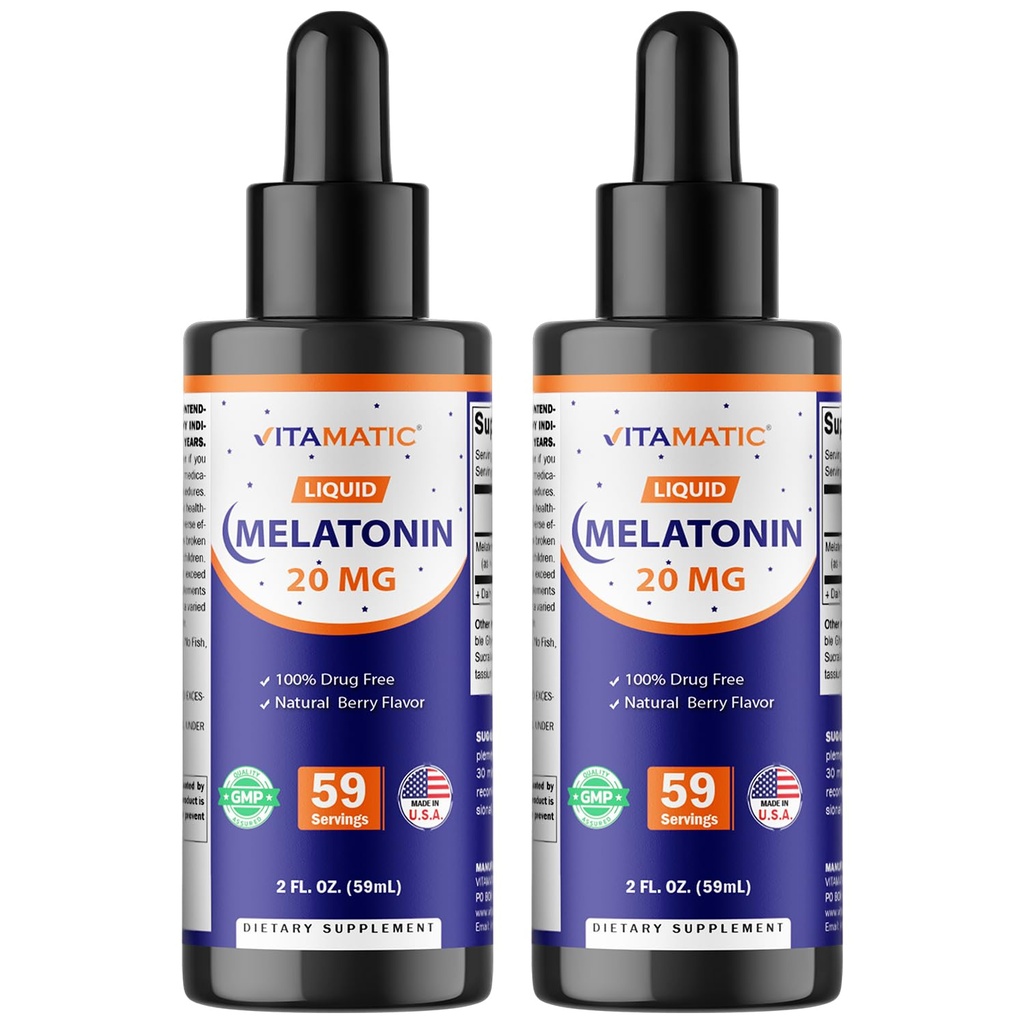 Vitamatisk 2- Pack Melatonin 20mg flydende dråber - 2 fl oz (59 ml) Hver - Natural Berry Flavor - Non- GMO, Vegetarisk supplement til voksne