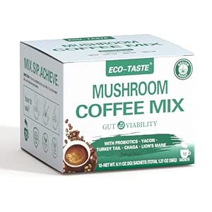 ECO- TASTE Mushroom Coffee Mix, Designet til Gut- Health med Chaga, Lions Mane, Tyrkiet Hale, Yacon og Probiotika - 12 sachets