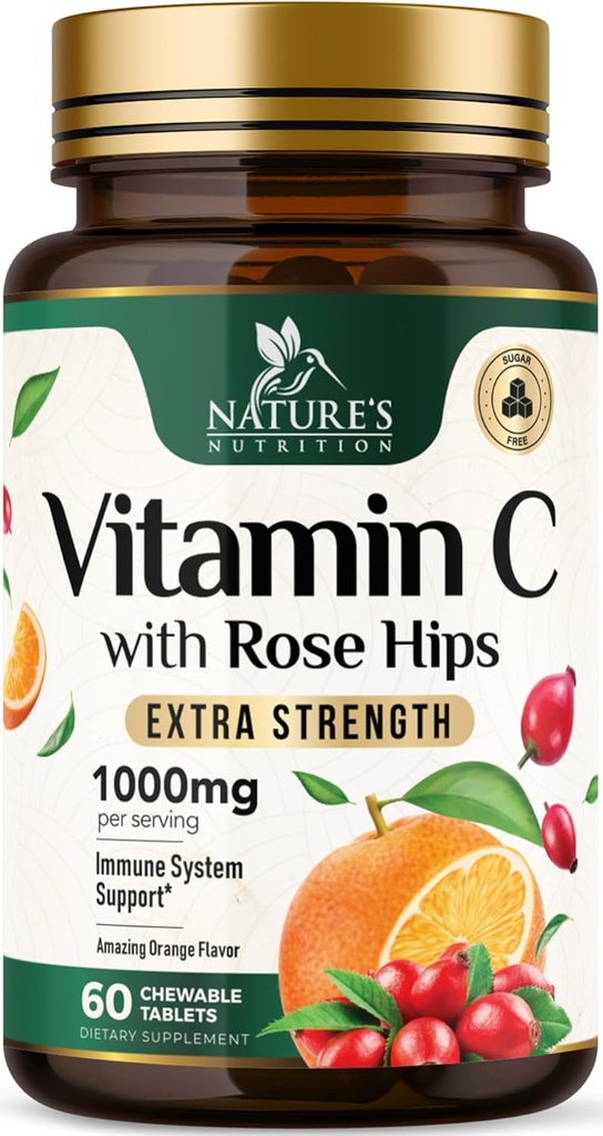 Vitamin C Chewable 1000mg - ekstra styrke antioxidanter til kraftig immunforsvar w / C-vitamin & Rose HIPS - Potent kost VIT C Chews Supplement, Natural Orange Flavor, Vegan, Non- GMO - 60 tabletter