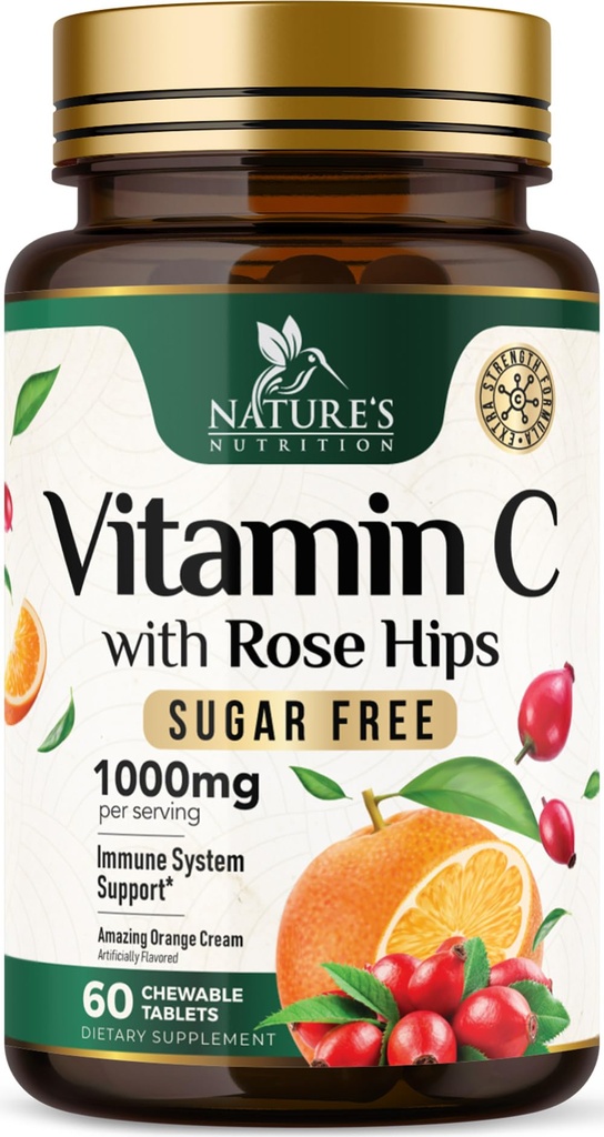 Vitamin C Chewable 1000mg - ekstra styrke antioxidanter til kraftig immunforsvar w / C-vitamin & Rose HIPS - Potent kost VIT C Chews Supplement, Natural Orange Flavor, Vegan, Non- GMO - 60 tabletter