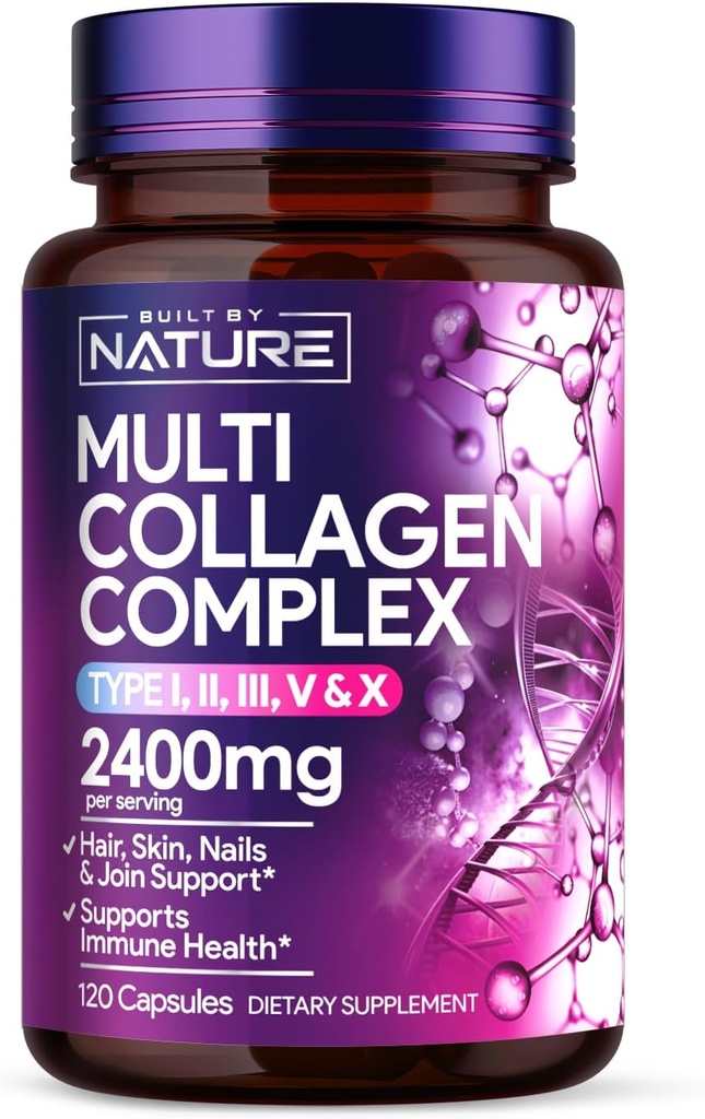 Bygget af Nature Collagen Pills - Multi Collagen Peptider Complex supplement til kvinder - Type I, II, III, V, X for hår, hud, negle, Joints & Knoglerum - Hydrolyzed, Grass- Fed - 120 kapsler