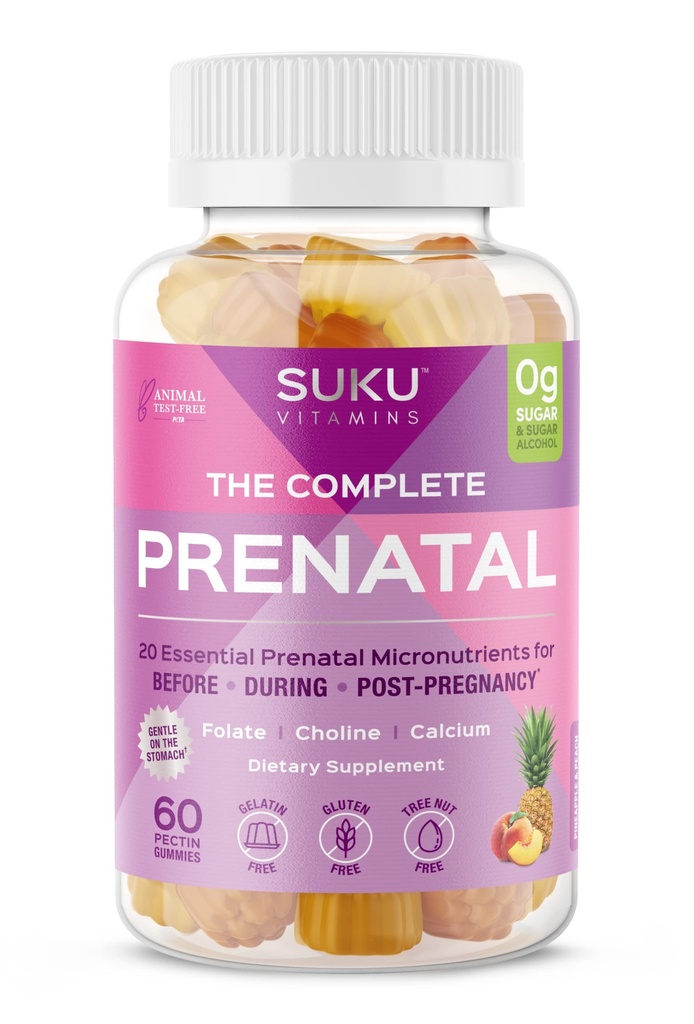 SUKU Prenatal Multivitamin Gummies - Folat, Calcium, D3-vitamin, B12, K2 - Sukkerfri, Vegetarisk, Glutenfri Graviditet Support - Ananas Peach Flavor - 60 Greve