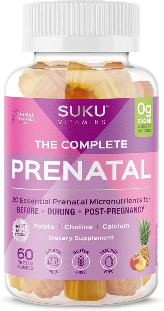 SUKU Prenatal Multivitamin Gummies - Folat, Calcium, D3-vitamin, B12, K2 - Sukkerfri, Vegetarisk, Glutenfri Graviditet Support - Ananas Peach Flavor - 60 Greve