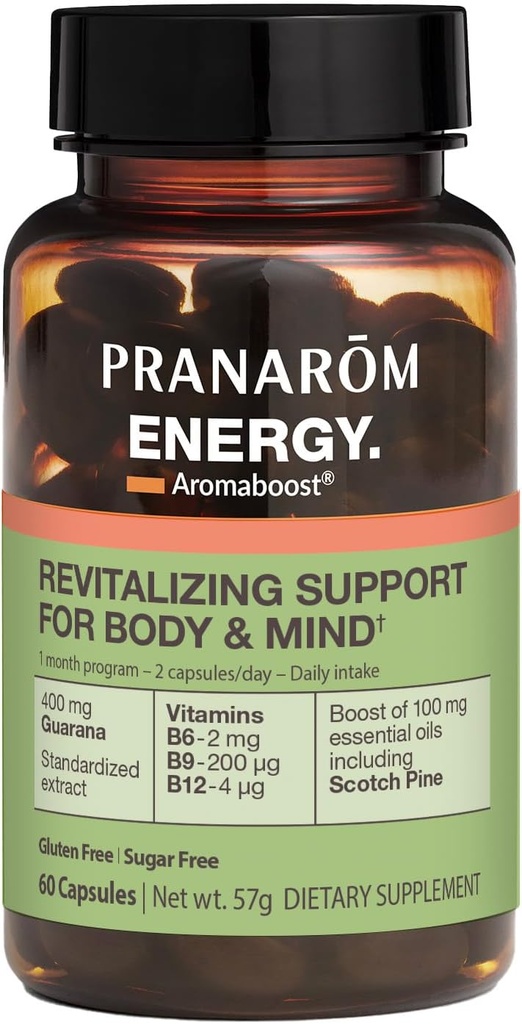Pranarom - Aromaboost Energy Herbal Supplement - for fysisk og mental træthed - Guarana - Vitaminer B6 B9 B12 - Pure skotter Pine Essential Oil - 60 Greve