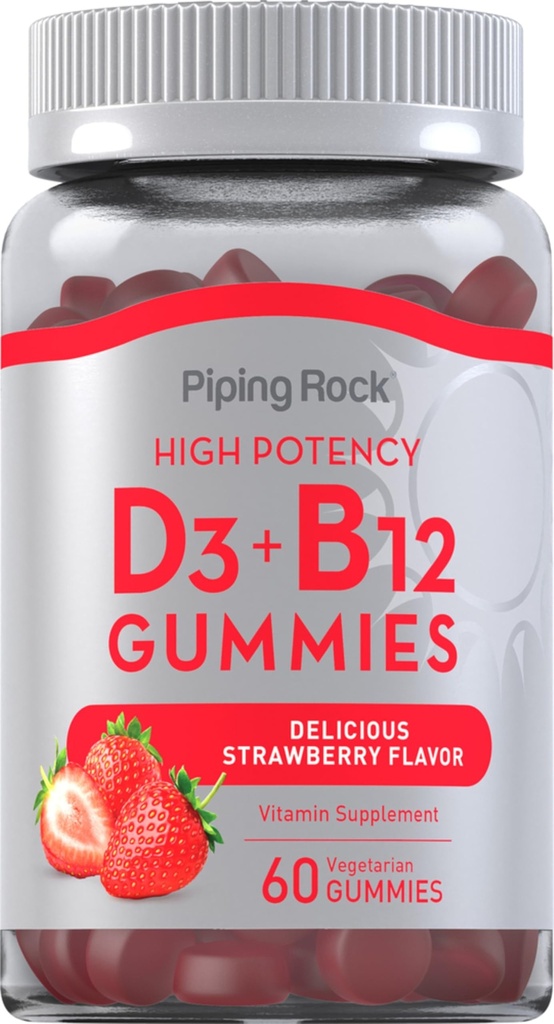 Piping Rock Vitamin D3 og B12 Gummies Medic124; 60 Greve Medic124; Supplement for kvinder og mænd Medical 124; High Potency Medical 124; Strawberry Flavor Medical 124; Vegetar, Non- GMO, Gluten Free