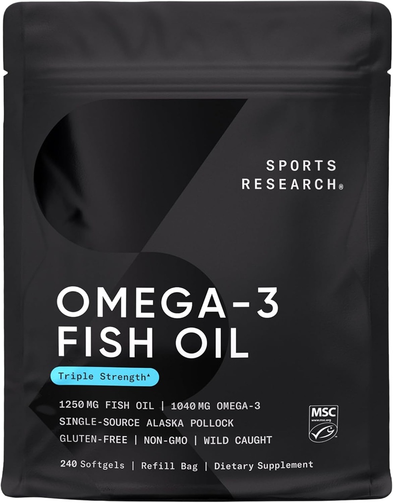 Sports Research Triple Strength Omega 3 Fish Oil - Burpless Fish Oil Supplement w / EPA & DHA Fedtsyrer fra Wild Alaska Pollock - Heart, Brain & Immunsupport til mænd og kvinder - 1250 mg, 240 ct