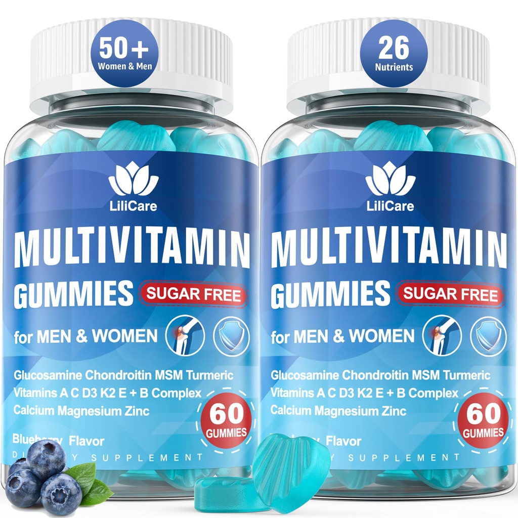 Methyleret Multivitamin til Mænd / Kvinder Gummier, Herre / Kvinder Multivitamin 50 Plus, med Glucosamin Chondroitin MSM Echinacea Sukker fri Chewable Multi Vitaminer B D3 K2 A C E for voksne seniorer, 120 Cts