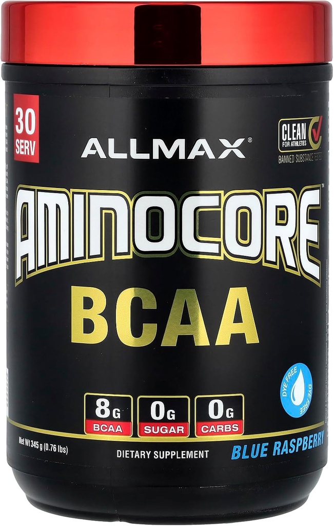 ALLMAX Nutrition AMINOCORE BCAA - 8G BCAA - 100% Pure Branch Kædede Aminosyrer - Gluten Free - Blå Hindbær - 315 Gram