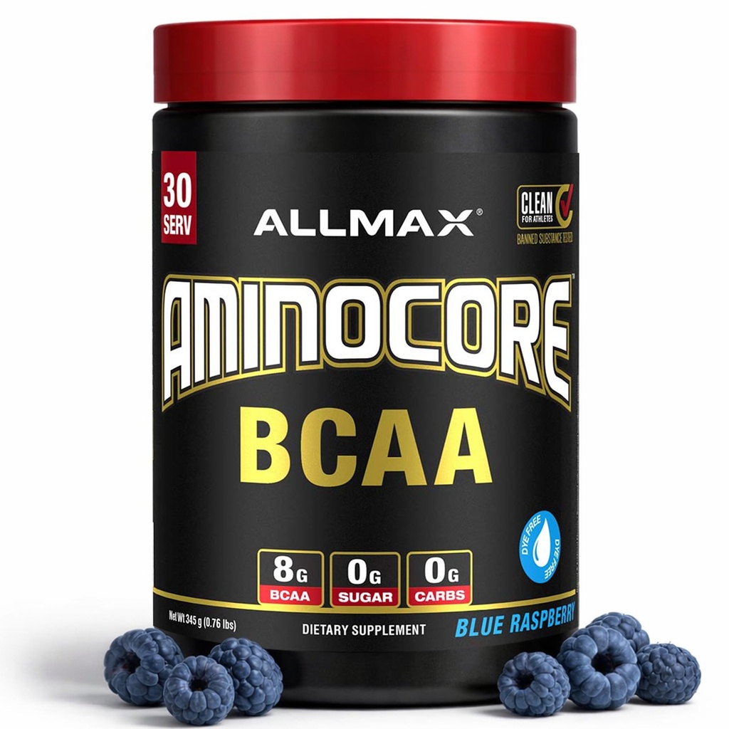ALLMAX Nutrition AMINOCORE BCAA - 8G BCAA - 100% Pure Branch Kædede Aminosyrer - Gluten Free - Blå Hindbær - 315 Gram