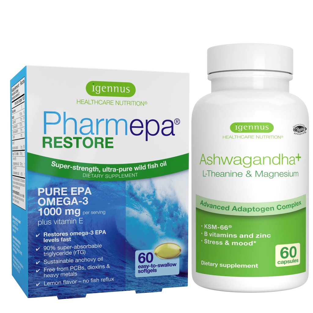 Igennus Pharmepa Restore + Ashwagandha + L- Theanine & Magnesium Bundle, 1000mg Pure EPA Omega-3 Fish Oil + 600mg KSM- 66 Ashwagandha Adaptogen Complex med zink & B Vitamin, Mood & Stress Support