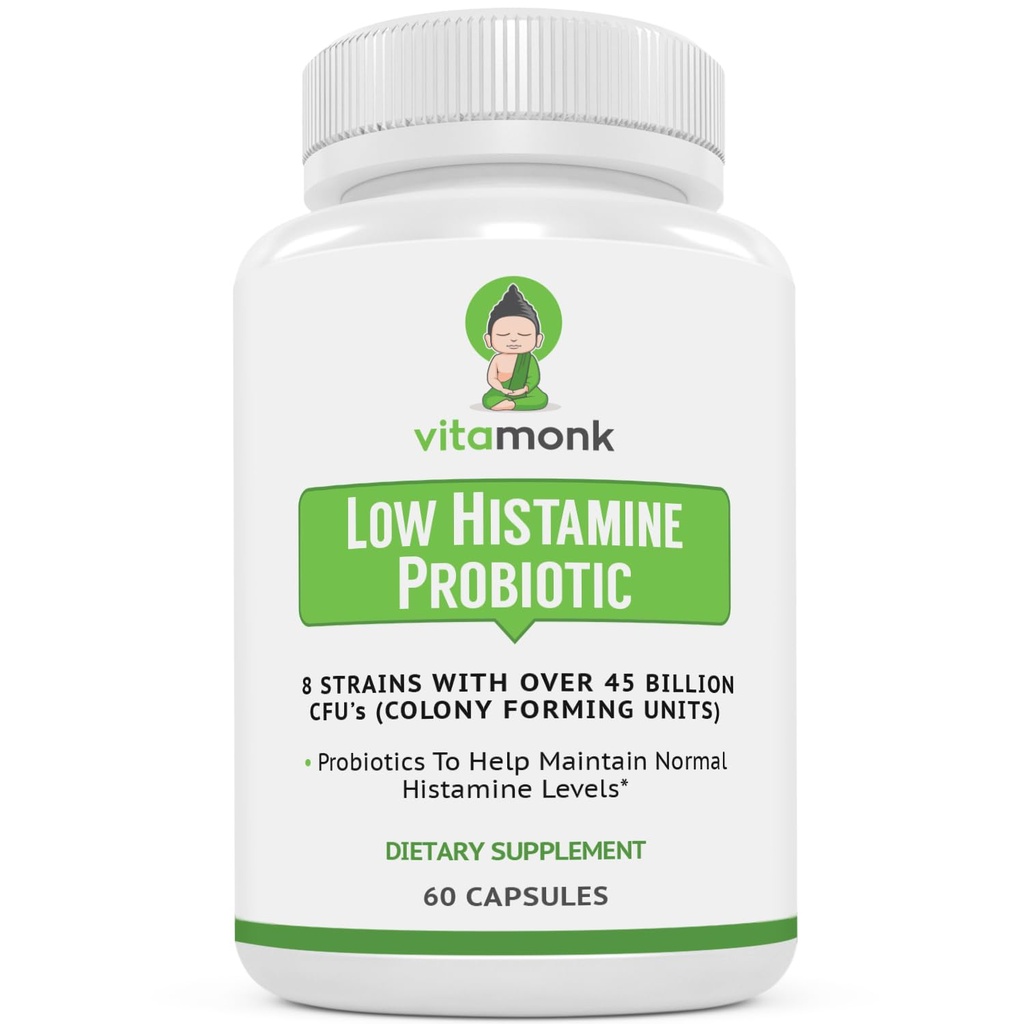 VitaMonk Low Histamin Probiotika Fight Histamin Intolerance og støtte Balanceret Gut Sundhed - Histamin Free Probiotic for dem, der søger sundhed forbedringer med Histamin Control -60 kapsler