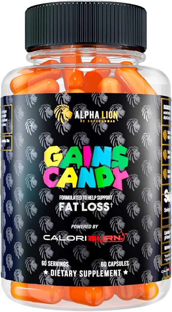 LEONA LION Gains Candy, piller, der understøtter vægttab, Energitilskud, 100% Natural Extract, Calorie Burning, Regulerer sund metabolisme, 60 kapsler (fedt tab - Caloriburn ®)