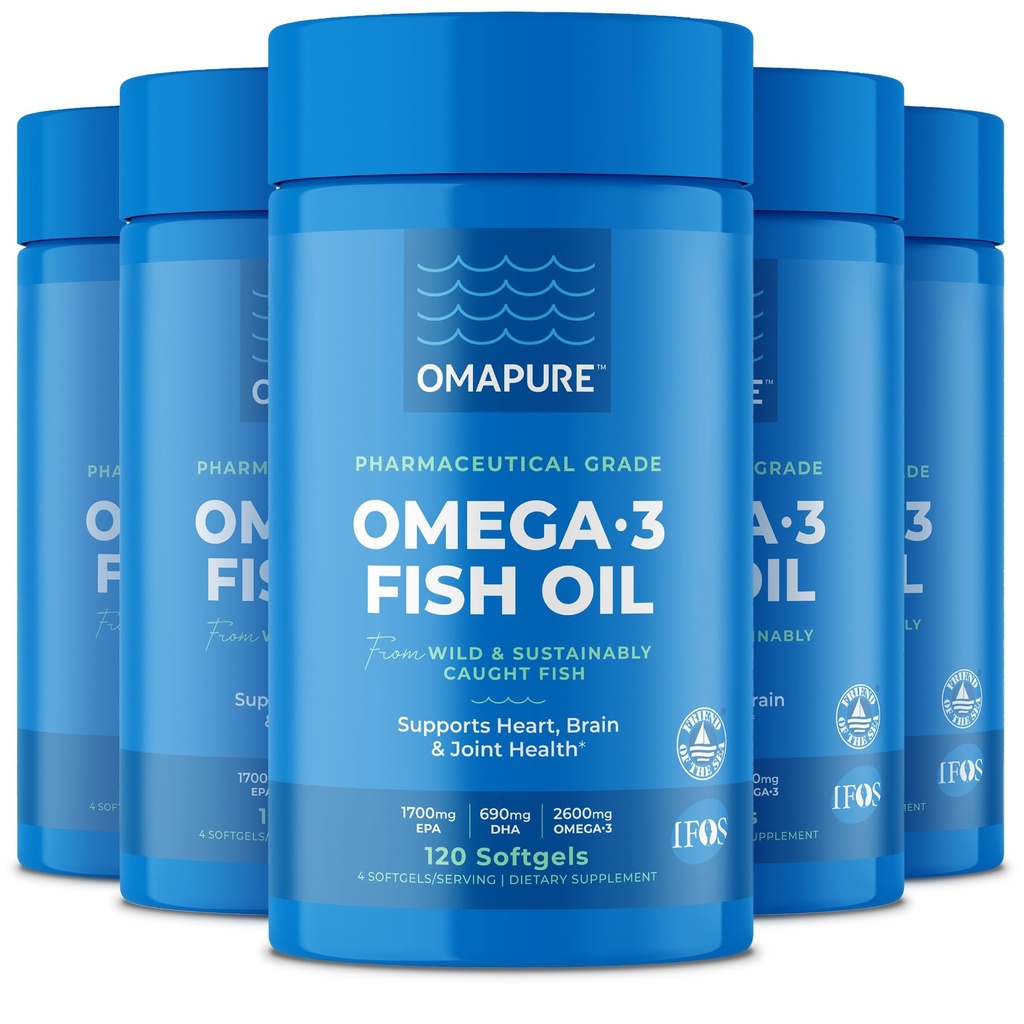 Fish Oil Kosttilskud med Omega 3 Fedtsyrer (5 Flaske, 120 Softgel) - High EPA, DHA, & IFOS Fish Oil Pills Support Heart & Joint Health - Burpless Fish Oil Promotions Brain Function