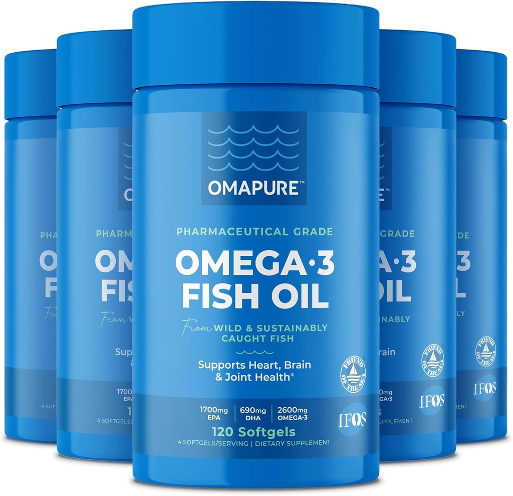 Fish Oil Kosttilskud med Omega 3 Fedtsyrer (5 Flaske, 120 Softgel) - High EPA, DHA, & IFOS Fish Oil Pills Support Heart & Joint Health - Burpless Fish Oil Promotions Brain Function