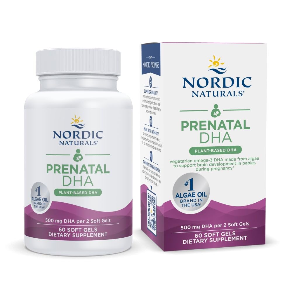Nordic Naturals Vegan Prenatal DHA, Unflavored - 60 Soft Gels - 500 mg Plant- baseret DHA - Understøtter brain udvikling i babyer og sund graviditet - ikke-GMO - 30 Servering