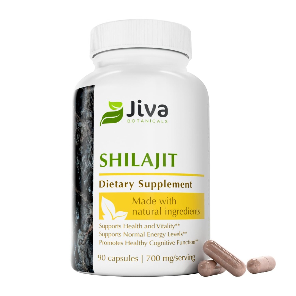Jiva Botanicals Shilajit Capsules 700 mg - Shilajit Extract with Fulvic Acid - Shilajit Supplement for mænd og kvinder - 90 Vegan Capsules for Daily Wellness - 90 Greve (Pack of 1)