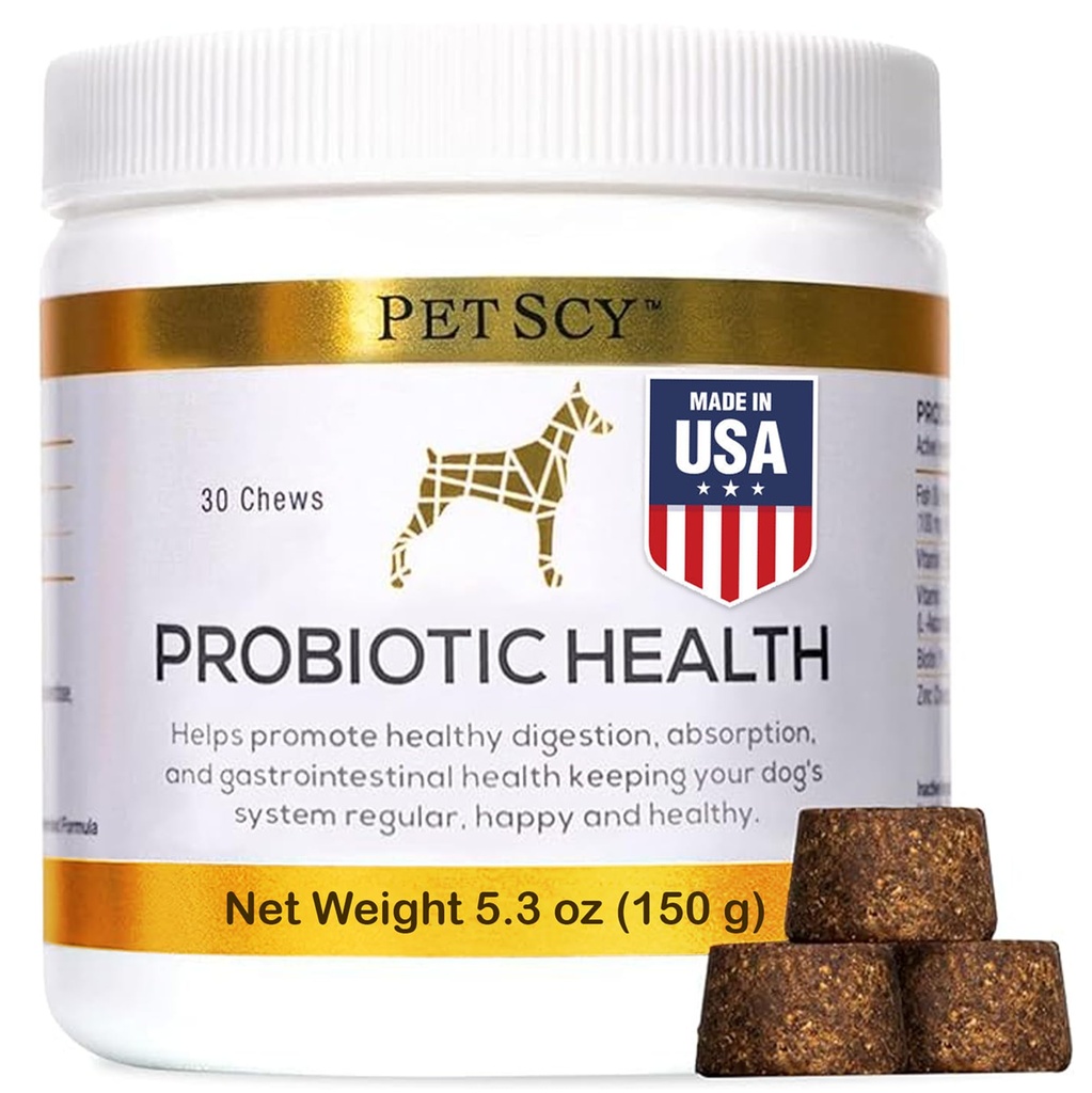 PetScy - Probiotiske Chews for Hunde, Probiotiske for Hunde i alle aldre, Sizes & Breeds med Prebiotic Fiber og Pure Omega-3 Budd124; Forbedrer hud, Coat, og Gut Sundhed, 30 Chews