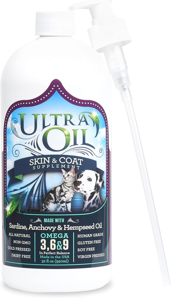 Ultra Oil Dog & Kat tillæg med Hamp, Flaxseed & Fish Oliils - 32oz - For tør hud, Hull Coat, Hot Spots, Dandruff, Allergier