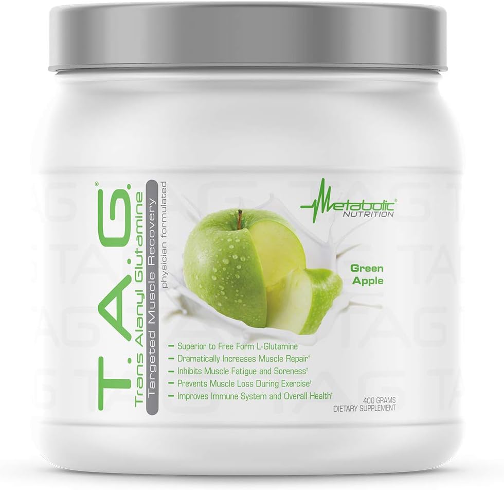Metabolisk ernæring, TAG, Trans Alanyl Glutamin, 100% L- Glutamin Peptid Powder, Pre Intrapost Workout Supplement, 400 Bedste (40 Servere) (Green Apple)