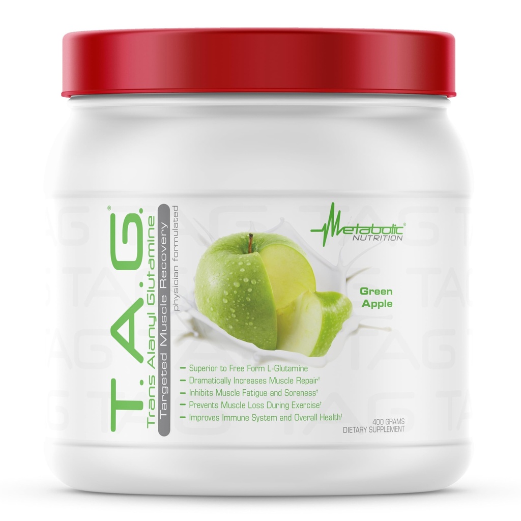Metabolisk ernæring, TAG, Trans Alanyl Glutamin, 100% L- Glutamin Peptid Powder, Pre Intrapost Workout Supplement, 400 Bedste (40 Servere) (Green Apple)
