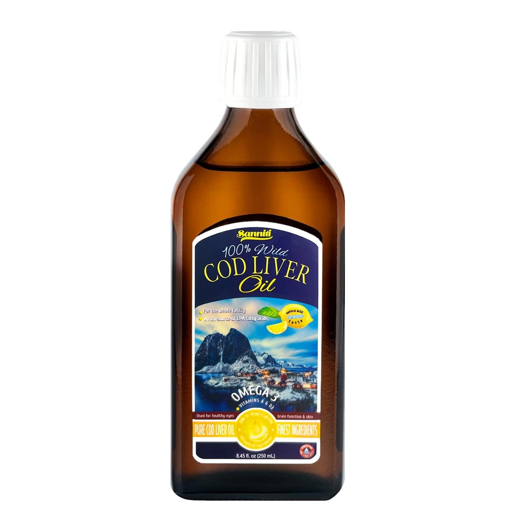 Sanniti 100% Natural Cod Lever Oil, 1081 mg Total Omega-3 Fedtsyrer, Wild Fanget Nordic, 250 ml (8.4 oz) (Lemon)