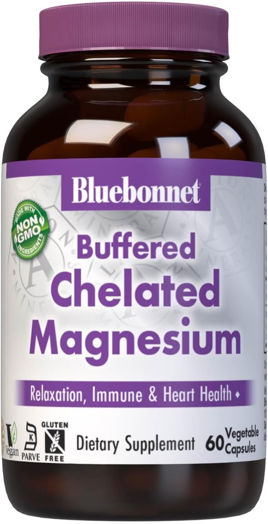 Bluebonnet Nutrition Albion Buffered Chelated Magnesium 200 mg, Magnesium Oxide, Stress Relief, Vegan, Non GMO, Gluten Free, Soy Free, Milk Free, Kosher, 60 Vegetabilske kapsler, 1 Måned Supply