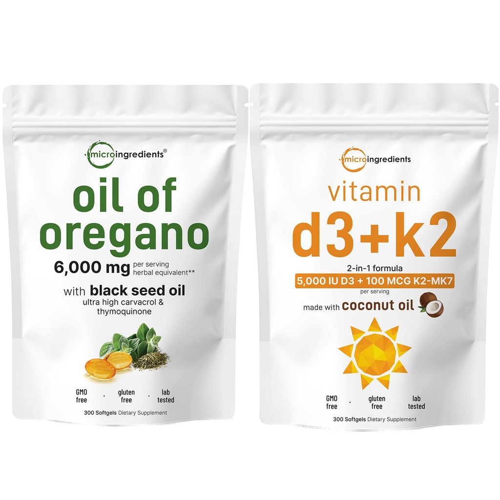 Micro Ingredients Oil of Oregano Softgels 6,000mg Per Serving & Vitamin D3 5000 IE Plus K2 (MK - 7) 100 mcg, 300 Virgin Coconut Oil Softgels Bundle Pack ttesmå 124; 4X Styrke Carvacrol & Thymoquinon ttesmå 124;