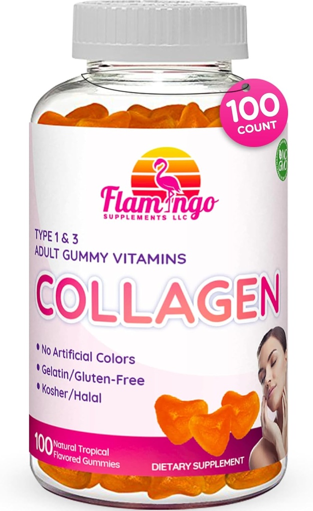 Collagen Gummies- Natural Marine Collagen for kvinder, og Men- Collagen Kosttilskud til hudhår, Nail- Hydrolyzed Type 2 & 1 3- Erstat piller og pulvere - Ingen Gelatine, Kosher, Halal - 100 Ct.