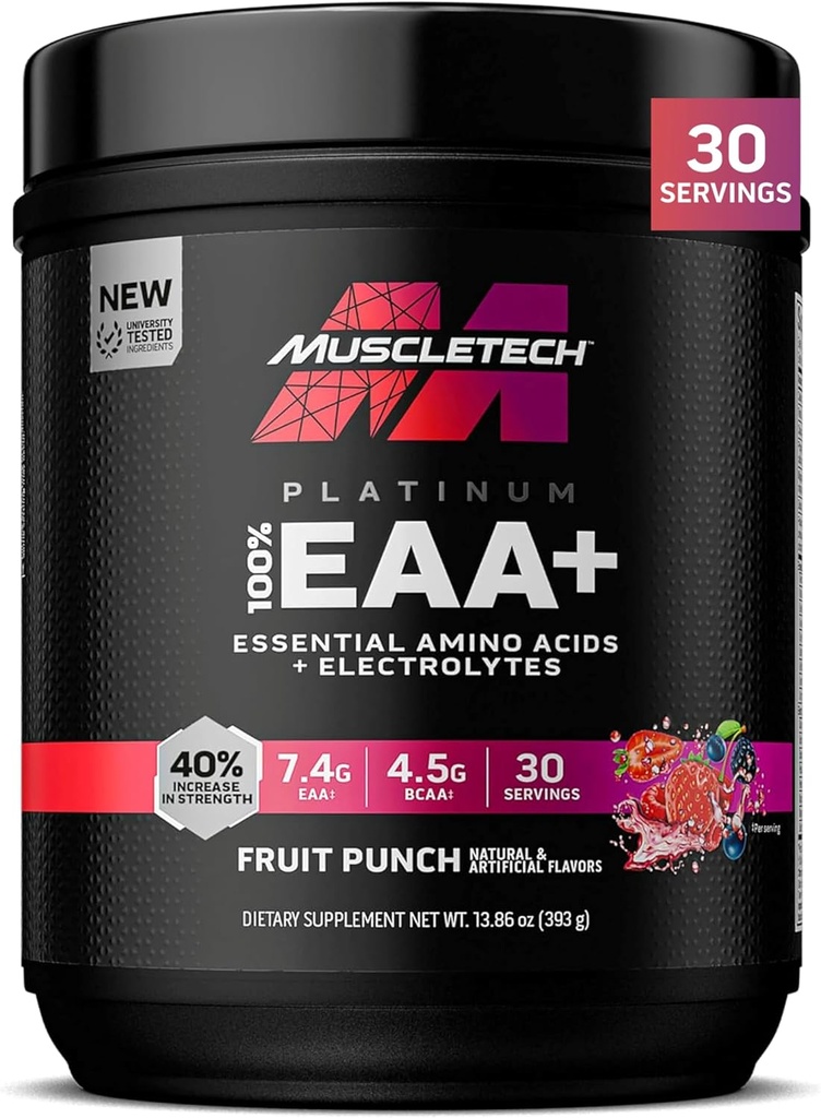 MuscleTech Platinum Essential Aminosyrer tillæg med elektrolytter, Frugtpunch - Pre- Workout Powder for Energy, Muscle Growth & Strength Builder - EAA kompleks for mænd og kvinder - 30 Servering