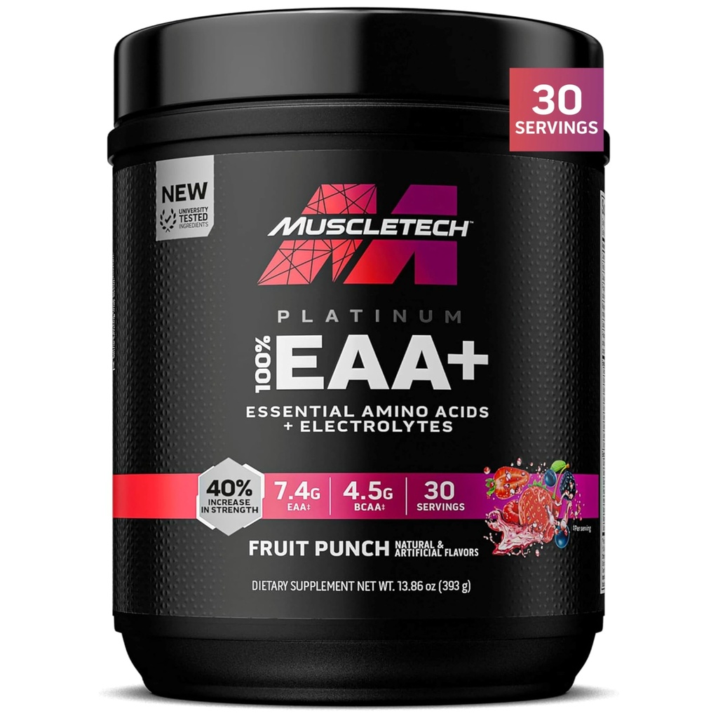 MuscleTech Platinum Essential Aminosyrer tillæg med elektrolytter, Frugtpunch - Pre- Workout Powder for Energy, Muscle Growth & Strength Builder - EAA kompleks for mænd og kvinder - 30 Servering