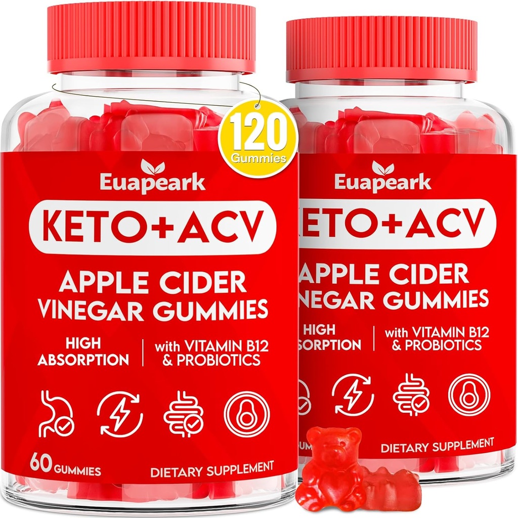 Apple Cider Vincious Gummies, Keto ACV Gummies med Probiotika, Vitamin B12 & Keto Support, 2000 mg ACV med mor til fordøjelse, Metabolisme, Cleanse & Detox Diet, Vegan, Low Sugar, 120 Counts