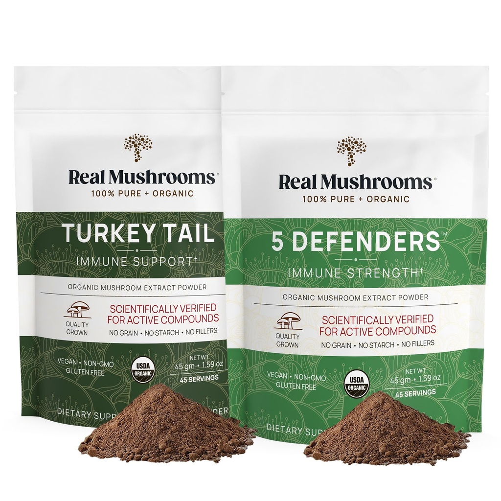 Ægte svampe Tyrkiet Hale (45g) og 5 forsvarere (45g) Mushroom ekstrakt pulver bundle - Mushroom supplement for immunstyrke - Vegan, ikke-GMO Immunitet supplement