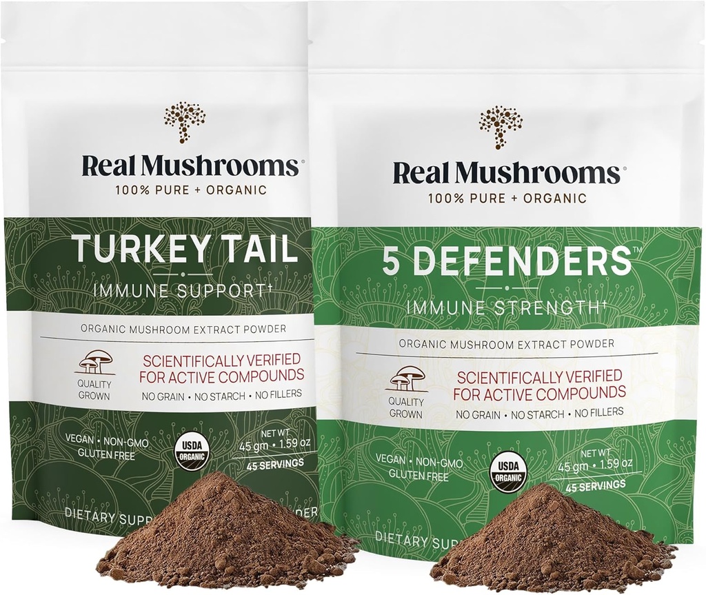 Ægte svampe Tyrkiet Hale (45g) og 5 forsvarere (45g) Mushroom ekstrakt pulver bundle - Mushroom supplement for immunstyrke - Vegan, ikke-GMO Immunitet supplement