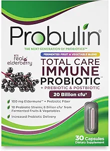 Probulin Total Care immun = Prebiotika + Probiotika + Postbiotika + Elderberry to Support Immunation & Gut Health - 20 milliarder CFU - 10 Probiotiske Strops, 30 Vegansk Kapsler