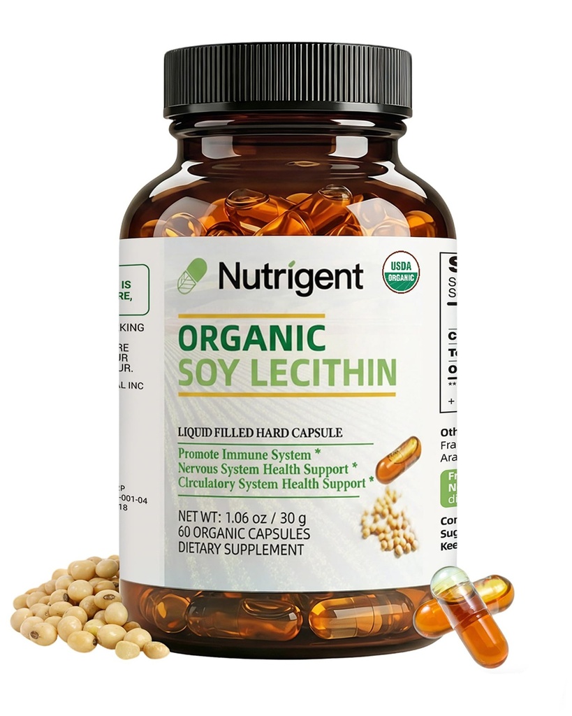 USDA Organic Soy Lecithin Supplement 800 mg, High Absorption Liquid Organic Capsules, Cholin Lecithin Supplement for Brain & Lever Health Support, Non- GMO, Gluten Free, 60 Greve