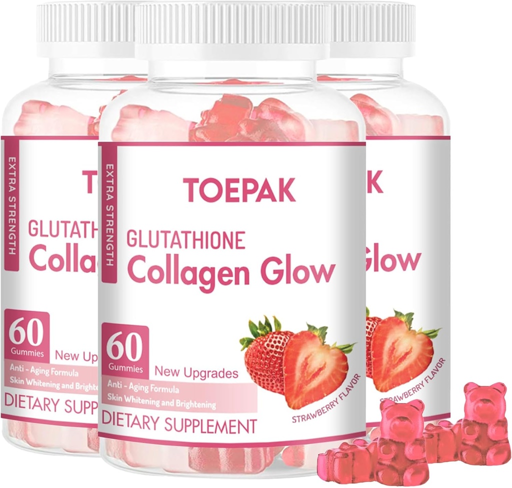 Multi Collagen Protein Glow Beauty Collagen Gummies, Kvinder Anti- Aging Support med Glutathione, Biotin & Multivitaminer, fremmer hud & hår sundhed, Jordbær, 180 Gummies (90 dage)