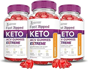 Justified Laboratories (3 Pack Fast Ripped Keto ACV Gummies Extreme 2000MG Fast Ripped Keto Gummies Apple Cider Vinticaria Formuleret med Pomegranate Beet Juice Powder B12 Vegan Non GMO 180 Gummys