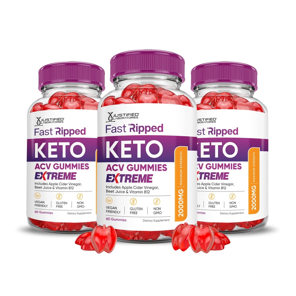 Justified Laboratories (3 Pack Fast Ripped Keto ACV Gummies Extreme 2000MG Fast Ripped Keto Gummies Apple Cider Vinticaria Formuleret med Pomegranate Beet Juice Powder B12 Vegan Non GMO 180 Gummys