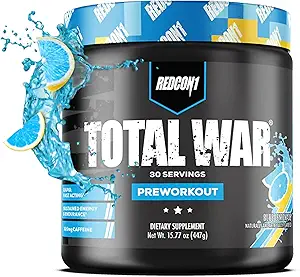 REDCON1 Total War Pre Workout - Beta Alanine + Citrulline Malate Keto Friendly Preworkout for Men & Women with 320mg of Caffeine - Fast Acting -Blue Lemonade (30 Servings)