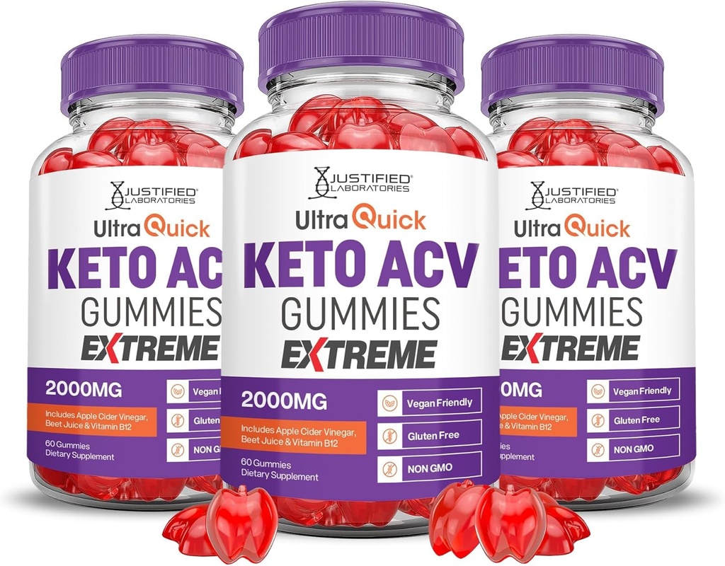 Justified Laboratories (3 Pack Ultra Quick Keto ACV Gummies Extreme 2000MG Ultraquick Keto Gummies Apple Cider Vinagar Formuleret med Pomegranate Beet Juice Powder B12 Vegan Non GMO 180 Gummys