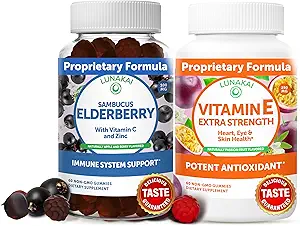 Lunakai Elderberry og E-vitamin Gummies Bundle - immunforsvar supplement med zink og C-vitamin Plus 1000iu naturlige VIT E Gummy for øje og hud sundhed