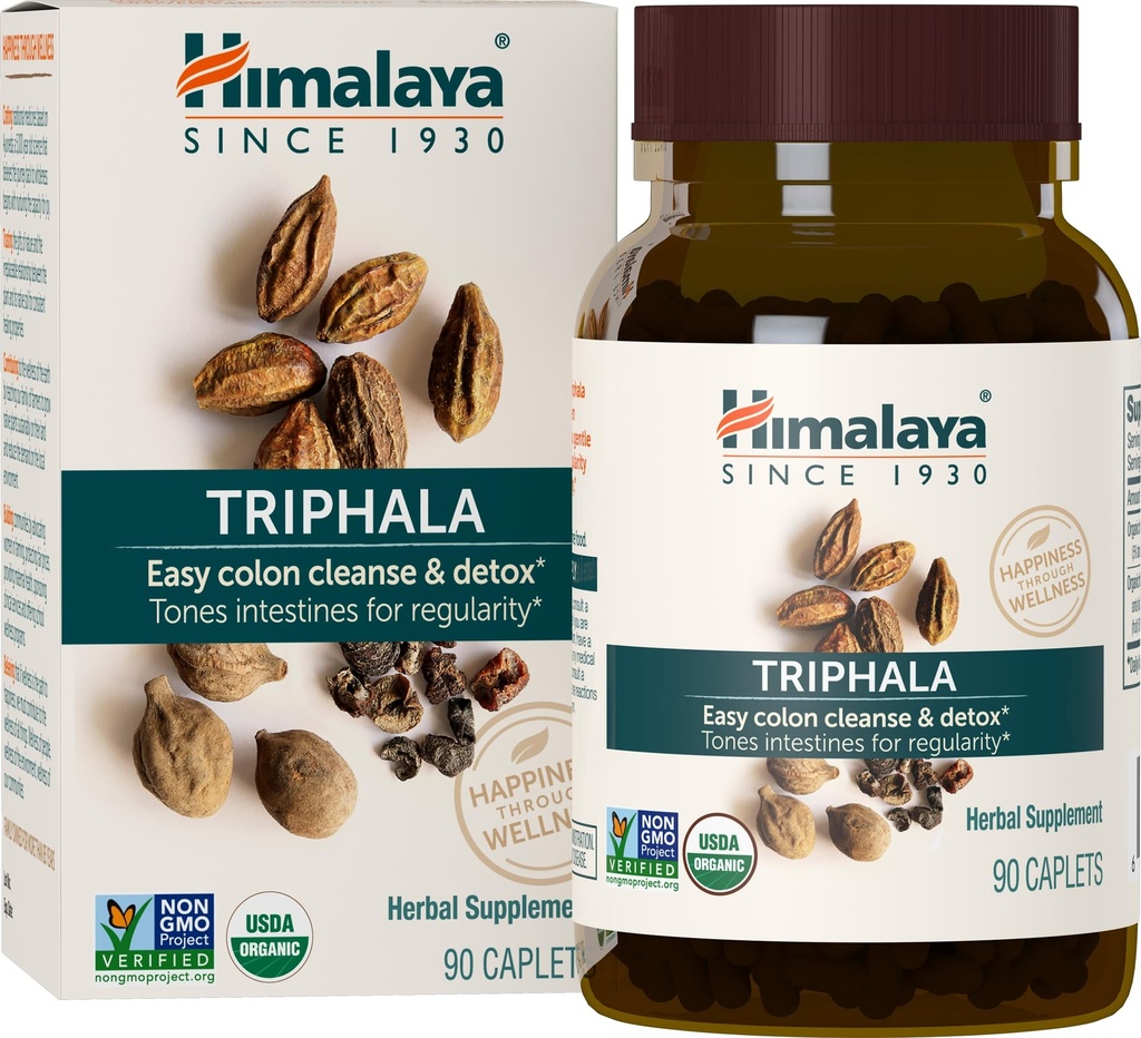 Himalaya Organic Triphala, 90 Day Supply - fordøjelig sundhed supplement til Colon Cleanse & Lejlighedsvis Bloating og Forstoppelse Relief - USDA Organic, Vegan, Non- GMO, Gluten Free, 688 mg, 90 Caplets