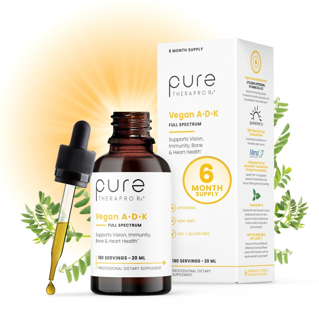 Pure TheraPro Rx Vegan A- D- K Drops- 6 Mon Supply- Vitamin A (Palmitat & Betacaroten), Liposomal Vitamin D3 (som vegan cholecalciferol), Liposomal Vitamin K2 (MK-4 & MK- 7) Understøtter Immunitet & Knoe Health- 20mL
