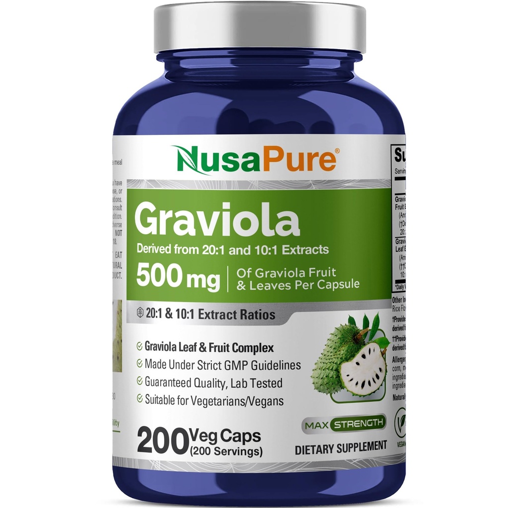 NusaPure Graviola 20: 1 & 10: 1 Extract, 250 mg Ækvivalent med 7,500 mg per hætter 200 Veggie (Vegan, Non- GMO)