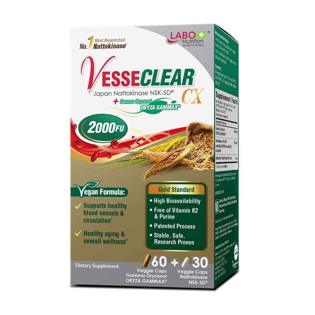 Labo Nutrition VesseCLEAR CX: Nattokinase NSK- SD + Gamma Oryzanol for Clean Blood Vessel & Sund Ageing, Japans mest klinisk undersøgt, Support Sund Cholesterol, Heart, Vegan, Acid-Resistent