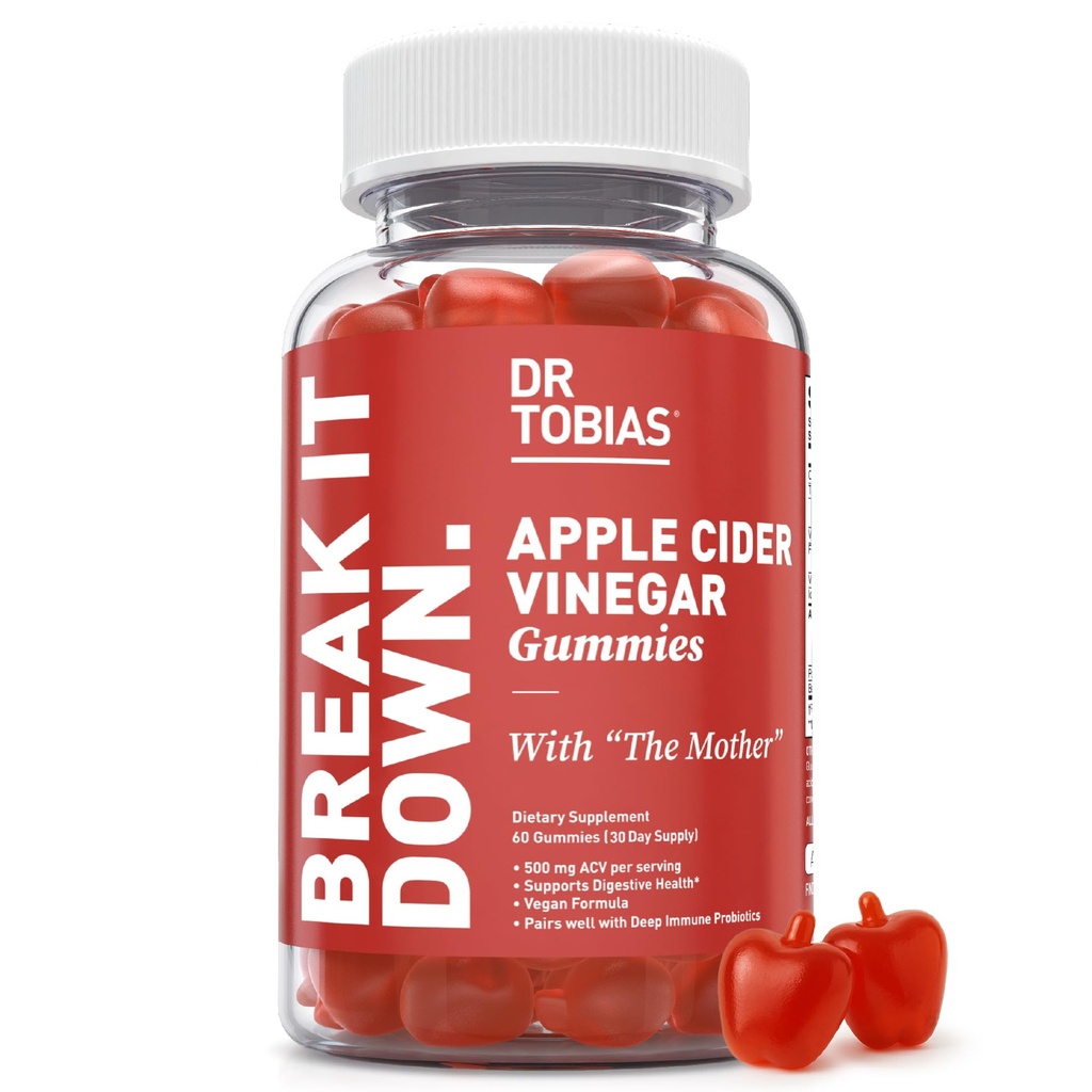 Dr. Tobias Apple Cider Vinarea Gummies med moderen, 500mg ACV per servering, Plus Folate, B6, B12 & Jod, Understøtter fordøjelsessygdomme, Gut Cleanse & Detox, Vegan, 60 Gummies