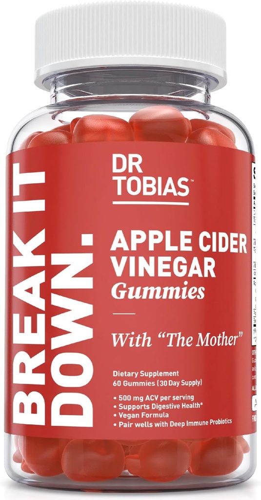 Dr. Tobias Apple Cider Vinarea Gummies med moderen, 500mg ACV per servering, Plus Folate, B6, B12 & Jod, Understøtter fordøjelsessygdomme, Gut Cleanse & Detox, Vegan, 60 Gummies