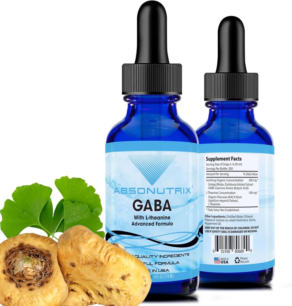 Absonutrix GABA med L- Theanine 290 mg, 4 Oz Liquid, 300 Servere, Made in USA, Quick Absorption, Kvalitet Potent Ingredienser, Non- GMO, GMP Certified Facility, Cruelty- Free Products