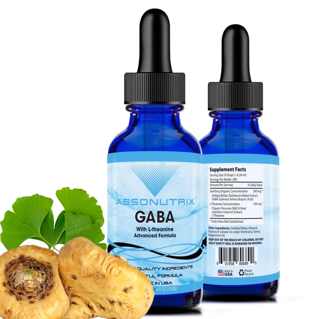 Absonutrix GABA med L- Theanine 290 mg, 4 Oz Liquid, 300 Servere, Made in USA, Quick Absorption, Kvalitet Potent Ingredienser, Non- GMO, GMP Certified Facility, Cruelty- Free Products
