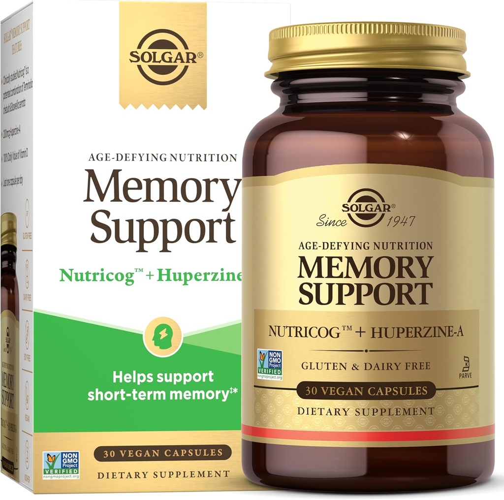 Solgar Memory Support Brain Kosttilskud til hukommelse og fokus, Klinisk Studerede Nutricog, Vitamin D & Huperzine-, Nootrop Brain Health Supplement, Sund Aging Support, 30 Serveringer